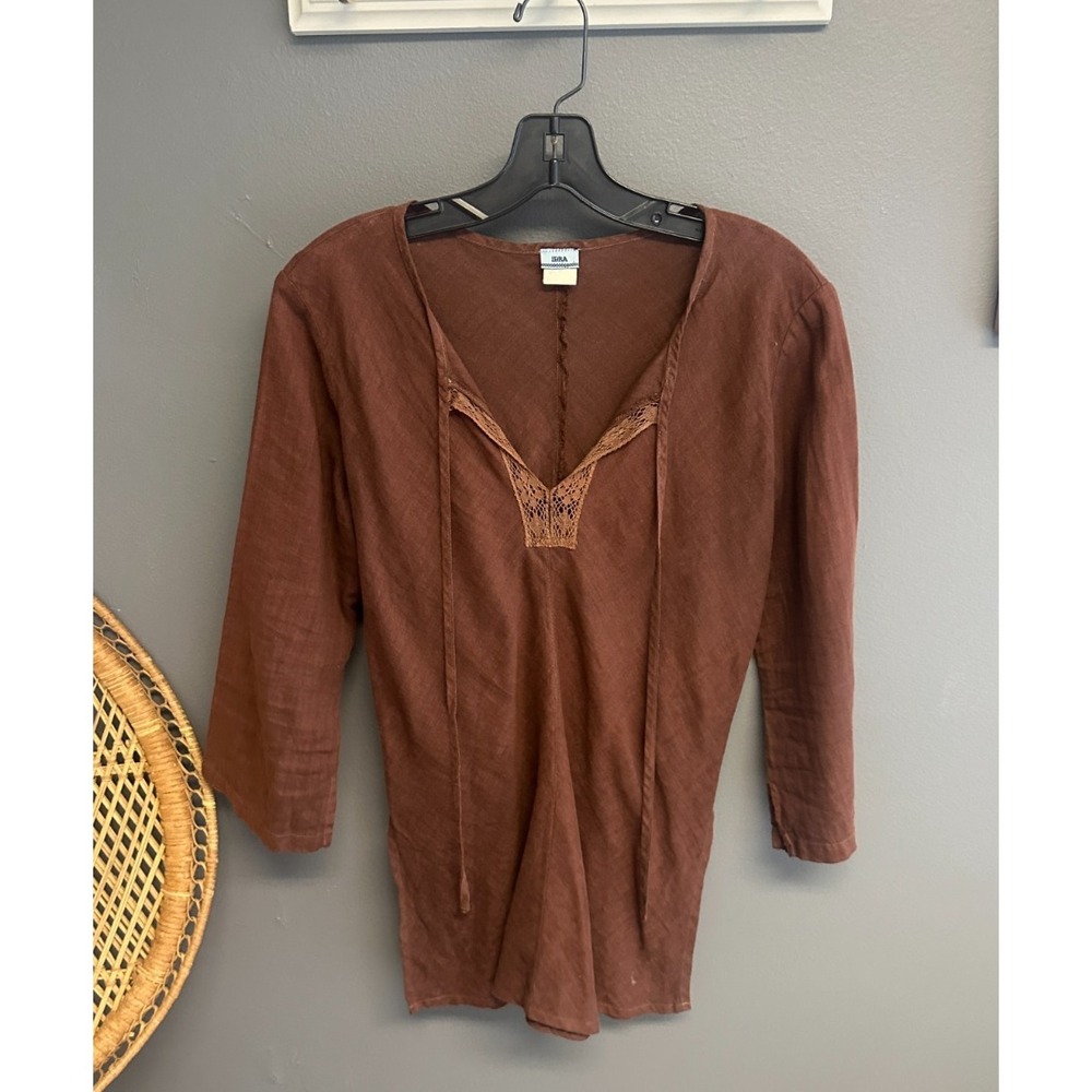 Vintage IDRA Linen Top Womens Size S Lagenlook Brown Y2K Tunic Peasant Cottage